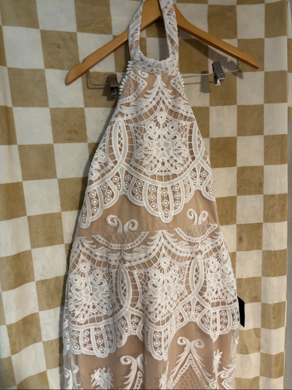Lulu's White Lace Overlay Halter Dress on Nude
